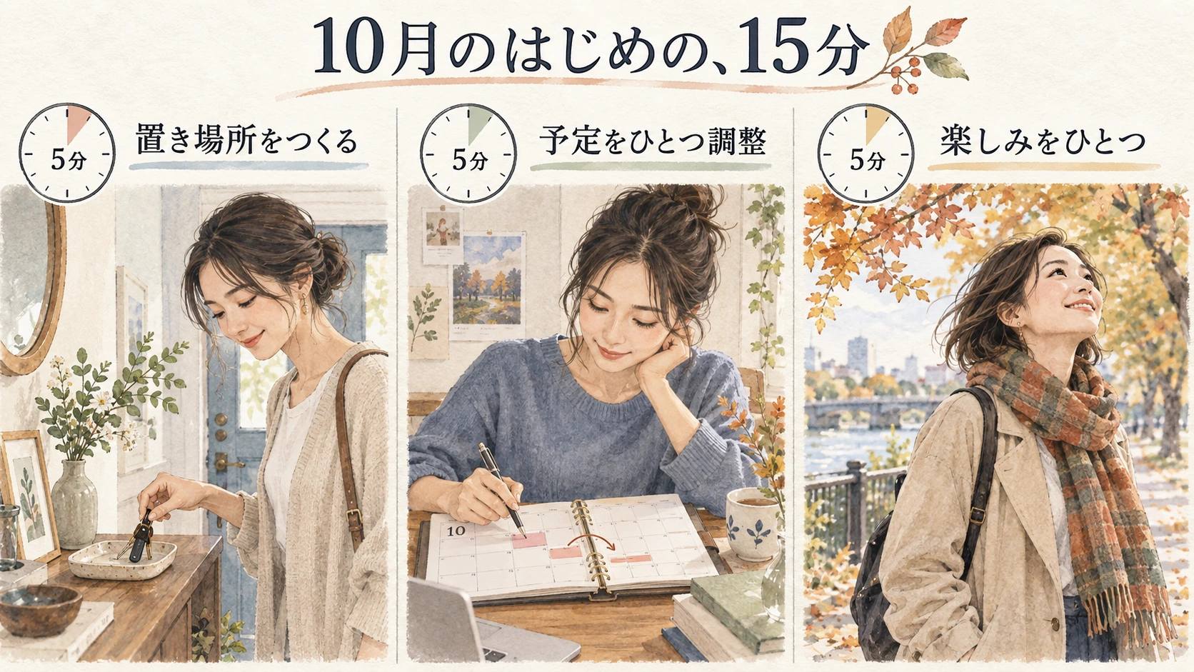 置き場所をつくる、予定をひとつ調整する、楽しみをひとつ選ぶ十五分の図解