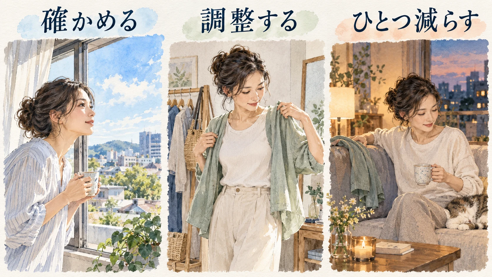朝の光を確かめ、羽織を選び、夜にひと息つく初秋の暮らしの場面