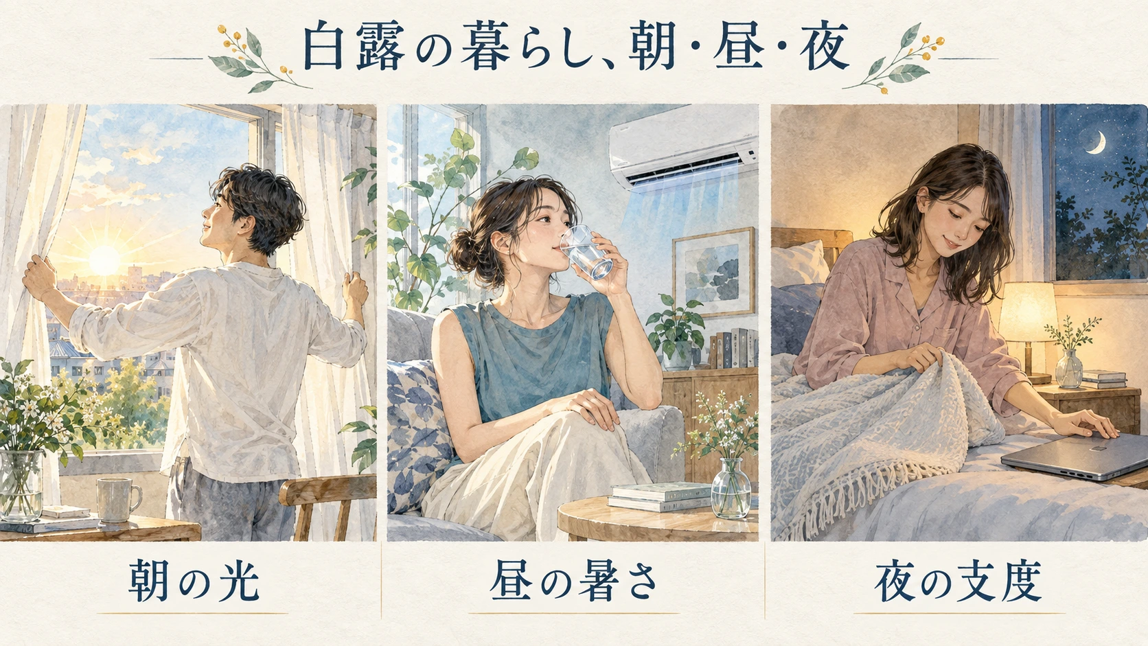 朝の光、昼の暑さ、夜の寝室を確かめる初秋の暮らしの図解