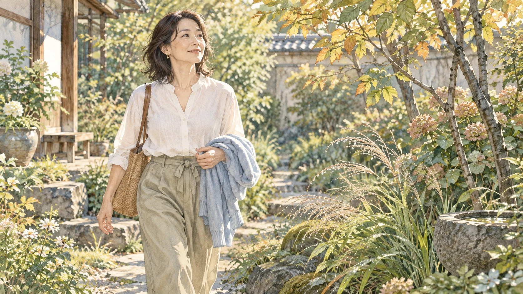 朝露の光る草木を眺めながら、初秋の道を歩く女性