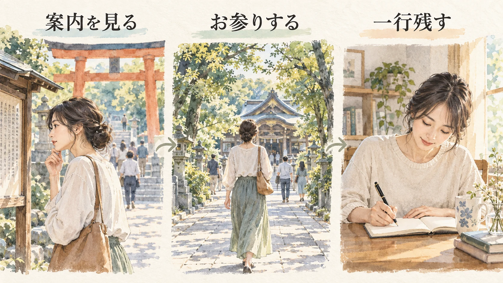 神社の案内を読み、木立の参道を歩き、帰宅後に一行を残す場面