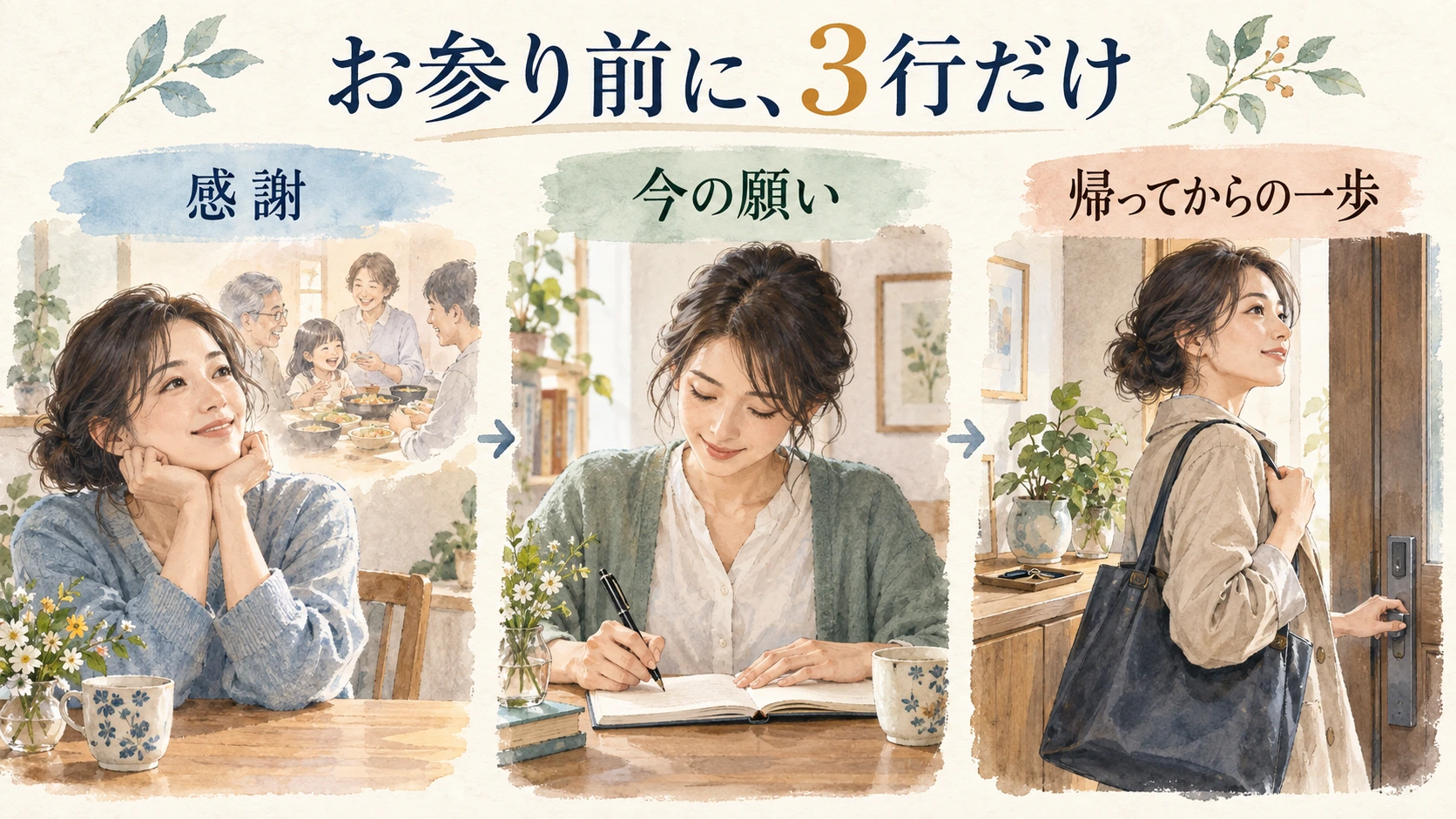 感謝、今の願い、帰ってからの一歩を、出発前に三行にする図解