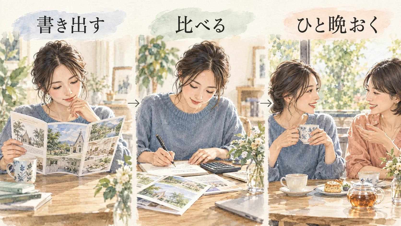 案内を書き出し、費用を比べ、友人とお茶を飲みながら考える場面