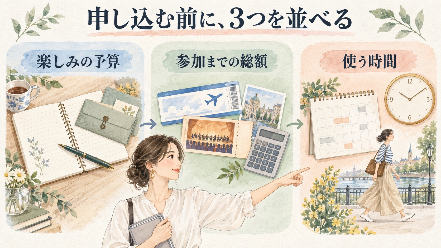 楽しみの予算、参加までの総額、使う時間を並べて考える図解