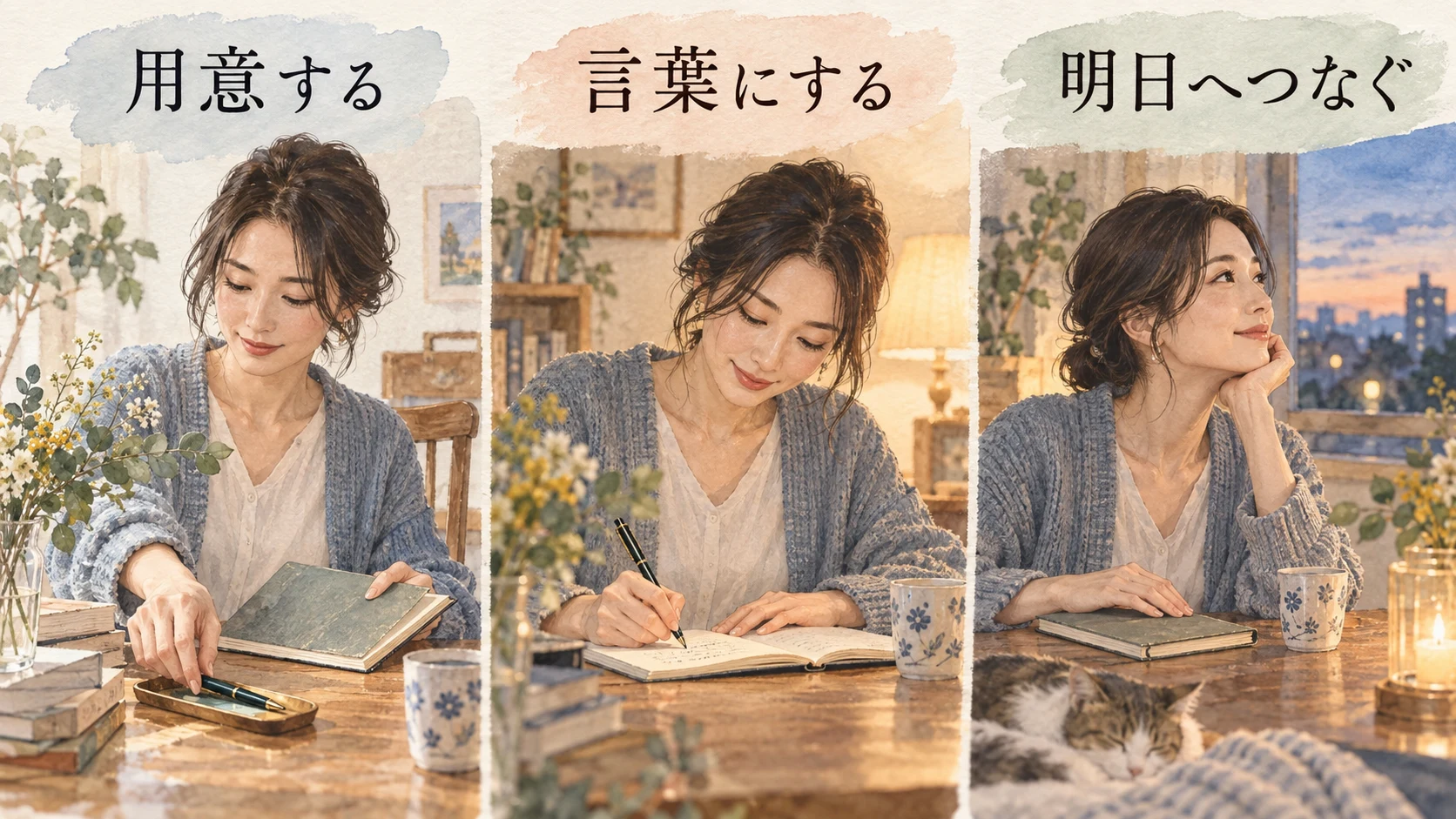 ノートとペンを用意し、願いを言葉にし、明日のことを考える女性の三つの場面